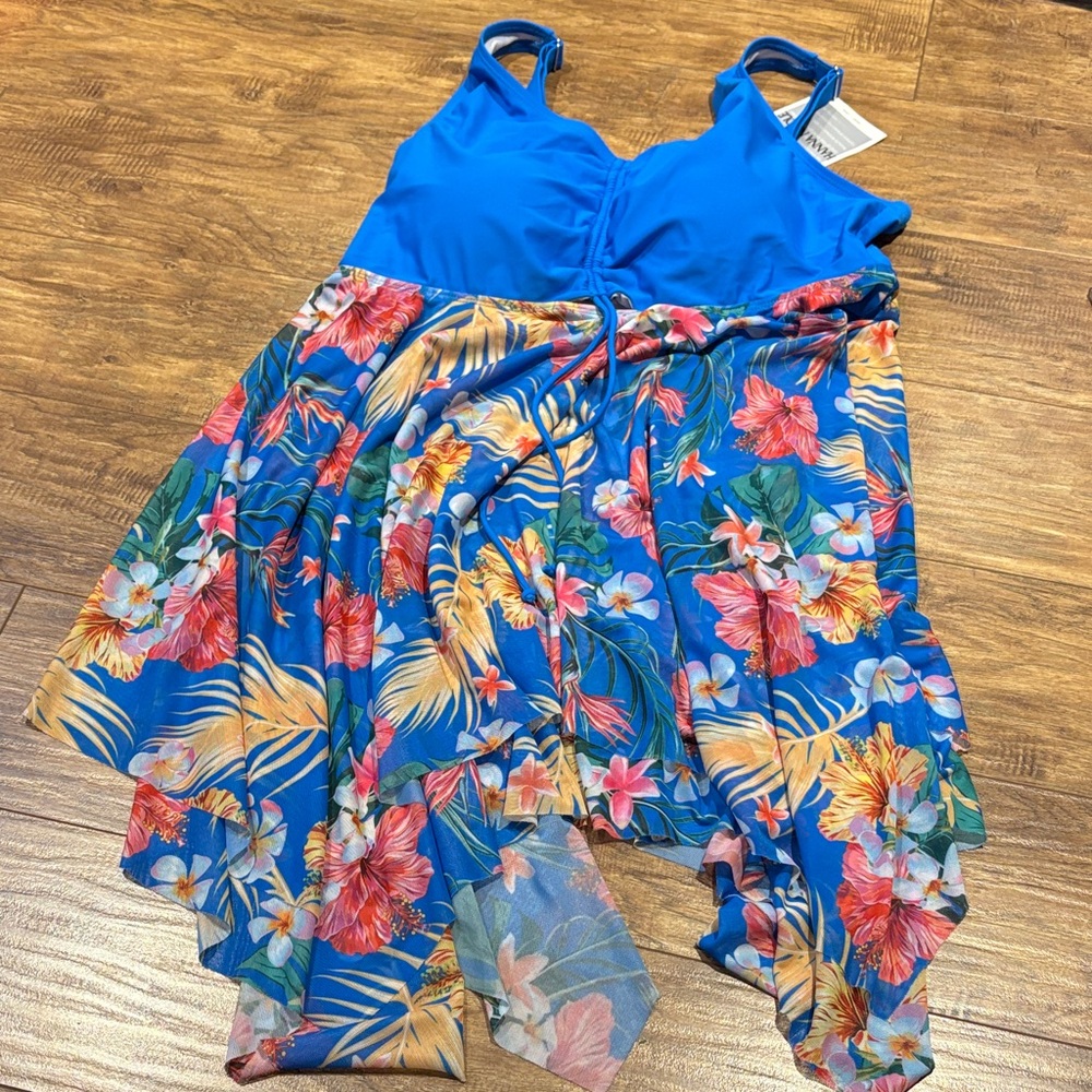 Tropical Floral Blue Bikini top with flowy mesh cover